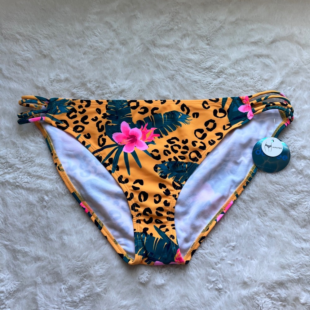 Decree Womens XXL Hipster Bikini Bottom Yellow Leopard Tropical Floral Strappy